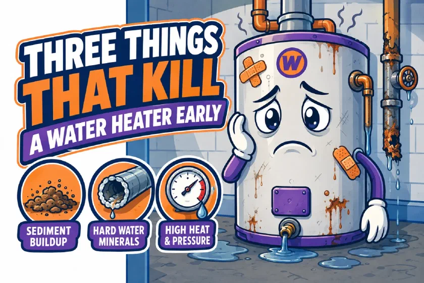 Illustration of a worn water heater with rust streaks and a leaking base, alongside icons for sediment buildup, hard water minerals, and high heat and pressure