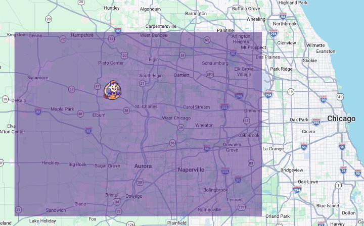 The Water Heater Guys service area map covering Kane County, DuPage County, and the western Chicago suburbs from Hampshire and DeKalb east to Elmhurst and Oak Park, with Campton Hills marked as the home base